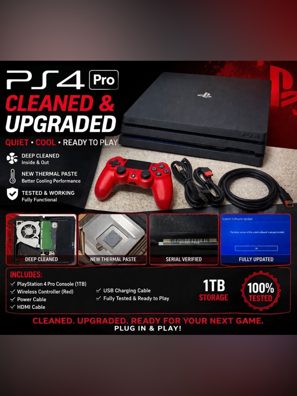 PS4 Pro 1TB Refurbished-Deep cleaned-New Thermal Paste,CMOS Battery-Tested